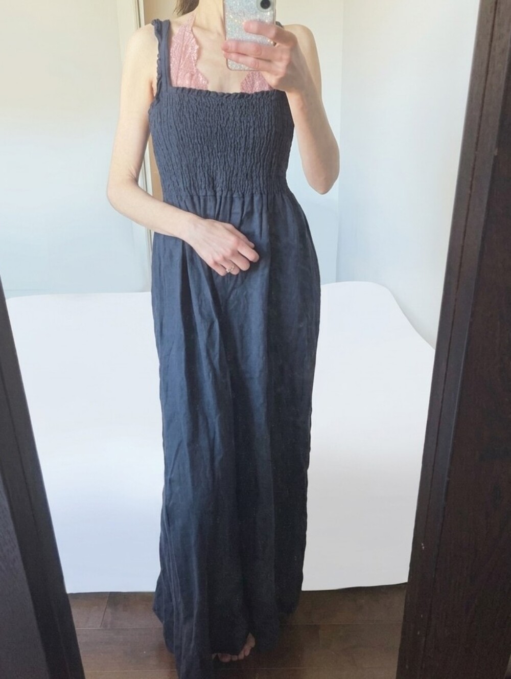 Frances Bertini Navy Blue Made in Italy 100% Linen Smocked Maxi Dress Sz M 🇮🇹 - Picture 2 of 14